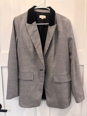 LOFT Gray & Black Plaid Blazer with Velvet Collar